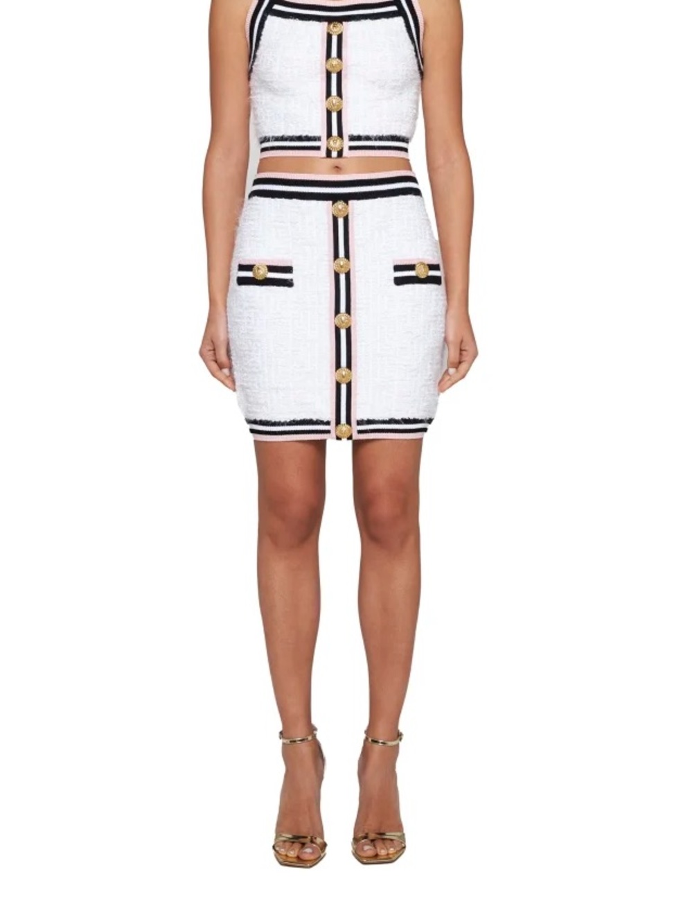 Balmain White Tweed Pencil Skirt with Pink & Black Trim